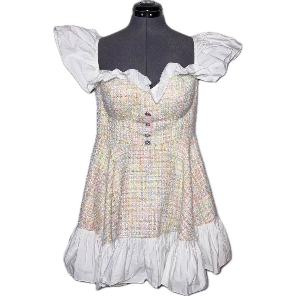 ASOS Luxe Pastel Tweed Ruffle Coquette Mini Dress B38 W33 H48 L26.5 Size 12 - Picture 9 of 12